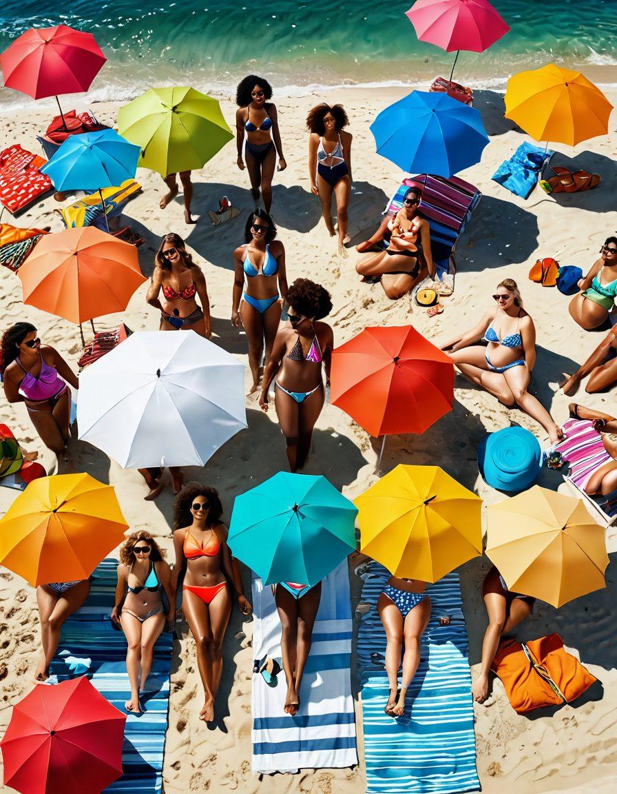 A sunlit beach scene featuring diverse individuals of various body types happily wearing eco-friendly swimwear and trendy beach accessories. Include a vibrant beach umbrella, colorful beach towels, and stylish sunglasses scattered around. The setting should evoke a sense of joy, acceptance, and nature conservation, with waves gently lapping at the shore in the background. bright colors. super-realistic. beach vibes.